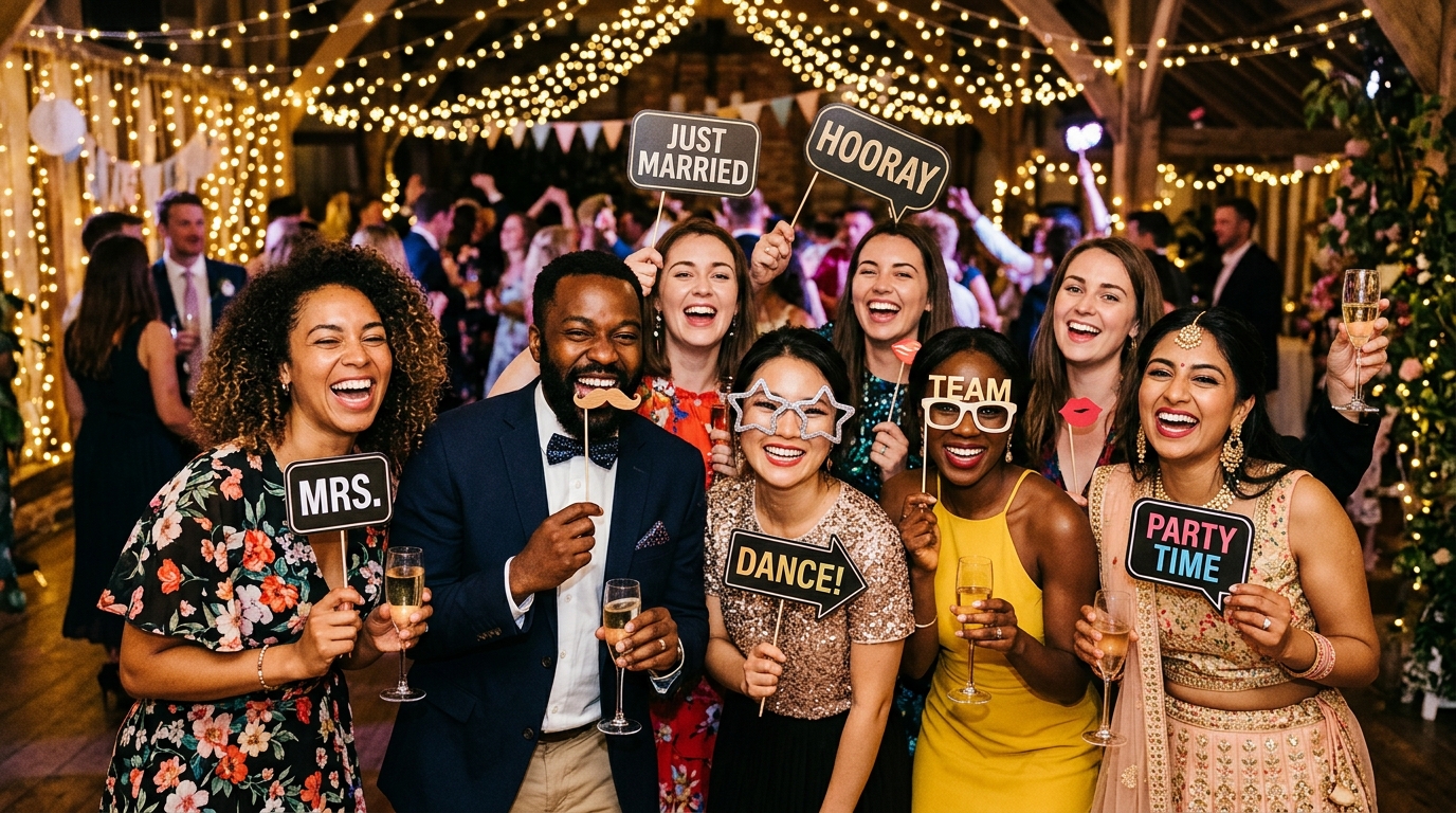 Glückliche Partygäste mit lustigen Fotobox-Accessoires